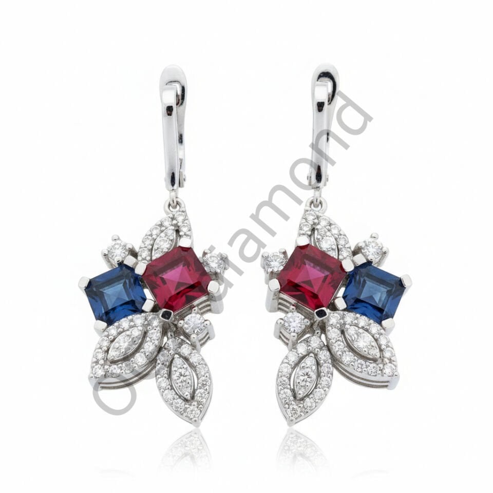 Prenses Kesim Safir ve Yakut Taşlı Pırlanta Beyaz Altın Sallantılı Küpe   -   PK0001014