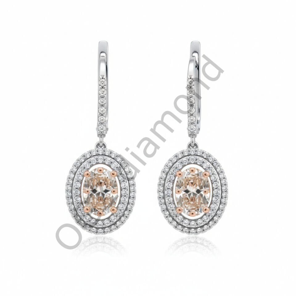 Oval Kesim Çift Sıra Halo Taşlı Pırlanta Sallantılı Küpe   -   PK0001023