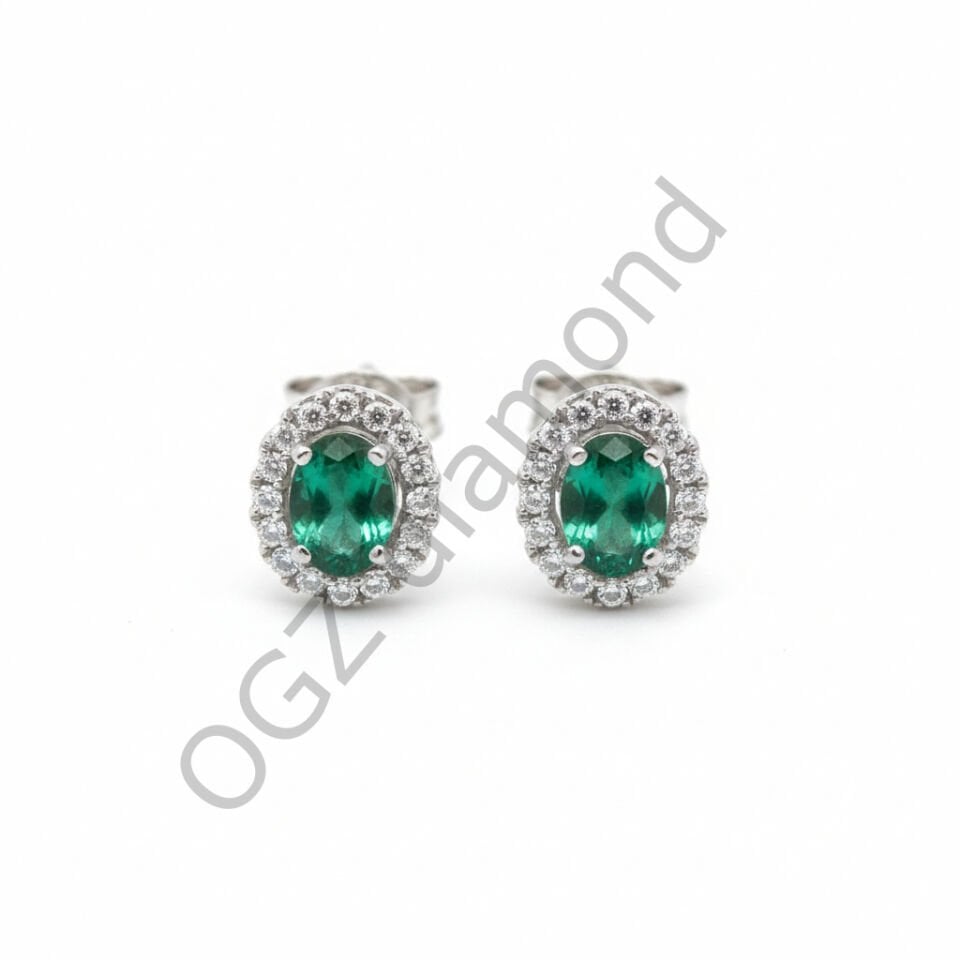 Oval Kesim Zümrüt ve Pırlanta Taşlı Beyaz Altın Küpe   -   PK0001099