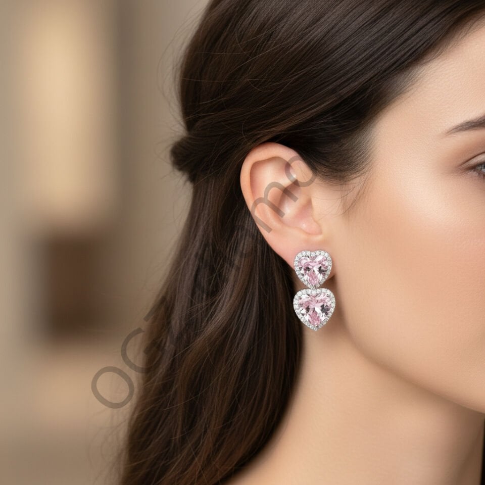 Kalp Kesim Pembe Kuvars ve Pırlanta Taşlı Beyaz Altın Küpe   -   PK0001100