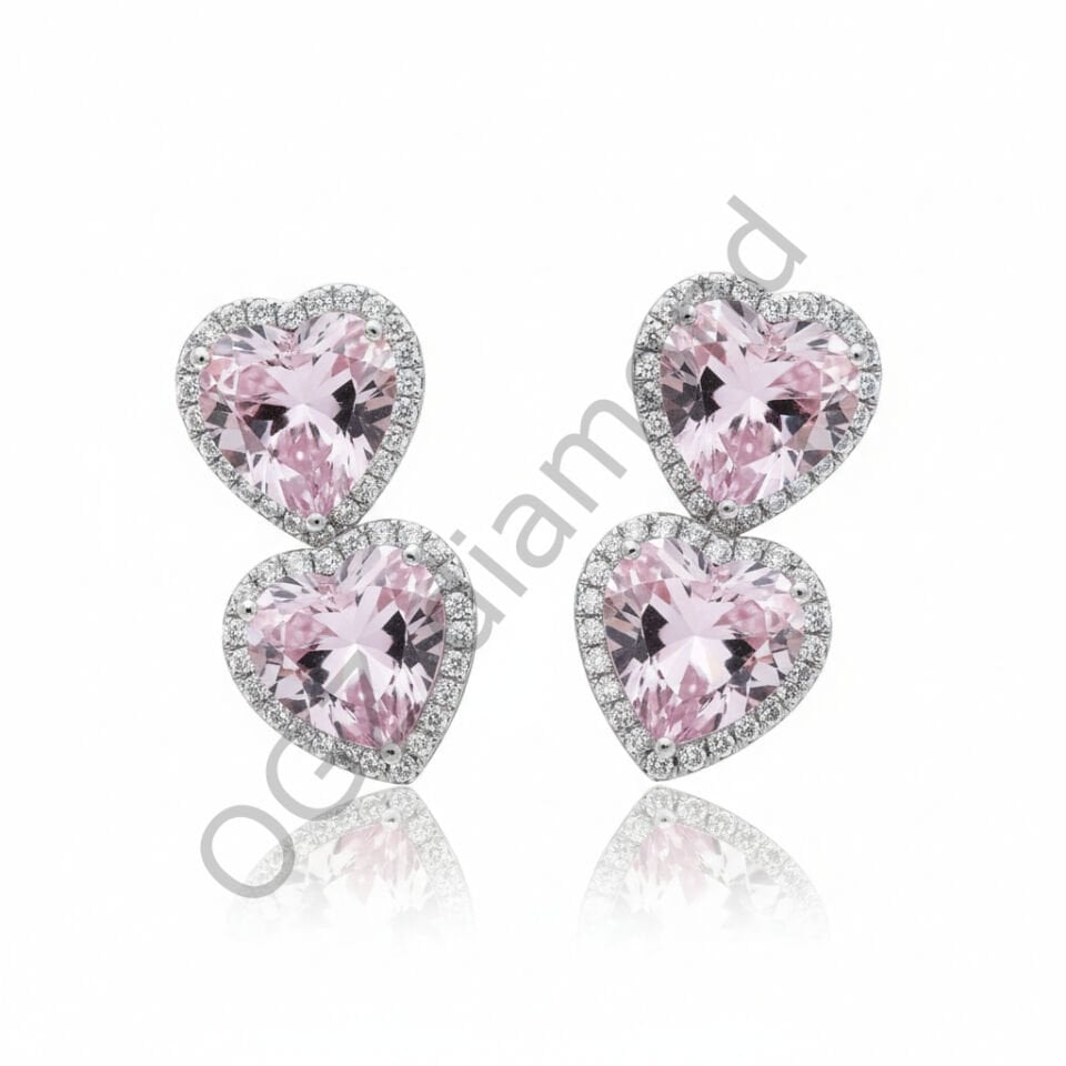 Kalp Kesim Pembe Kuvars ve Pırlanta Taşlı Beyaz Altın Küpe   -   PK0001100