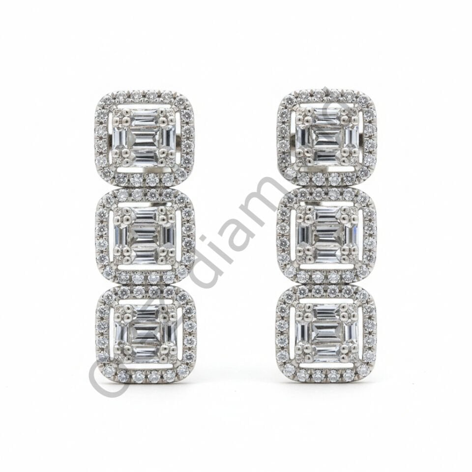 Üçlü Baget Pırlanta Dizili Beyaz Altın Sallantılı Küpe   -   PK0001106