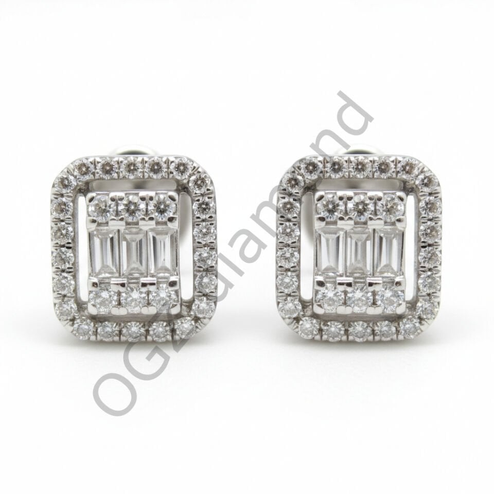 Baget ve Yuvarlak Kesim Pırlantalı Beyaz Altın Kare Küpe   -   PK0001159