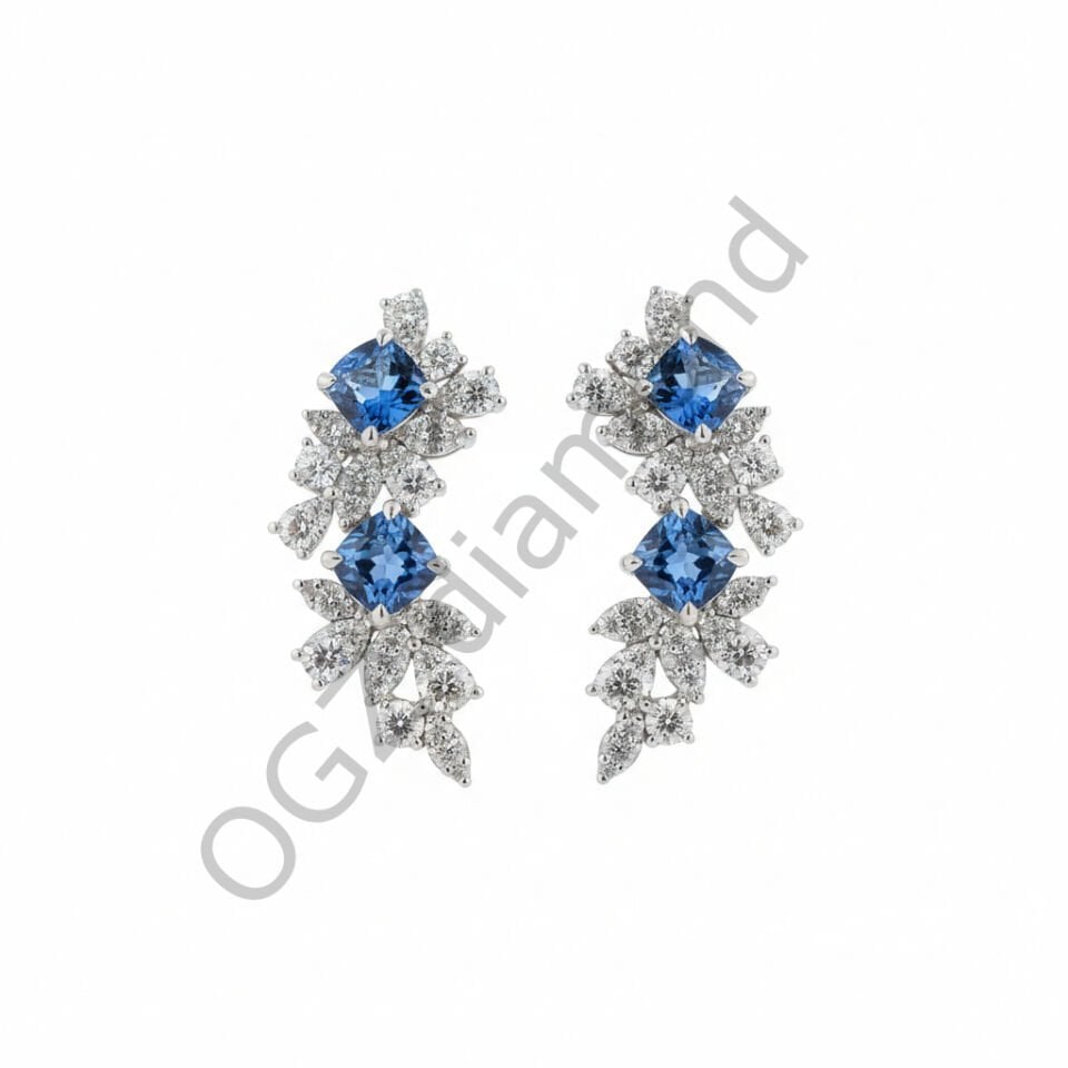 Royal Floral Koleksiyonu: Safir Taşlı ve Markiz Kesim Pırlantalı Altın Buket Küpe  -   PK0001168