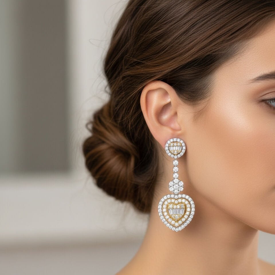 Baget ve Yuvarlak Kesim Pırlanta Kalp Sallantılı Küpe   -   PK0001217