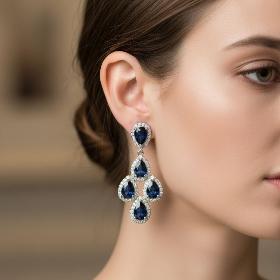 Sallantılı Damla Kesim Safir ve Pırlanta Avize Küpe   -   PK0001253