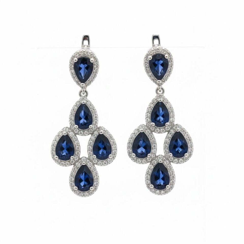 Sallantılı Damla Kesim Safir ve Pırlanta Avize Küpe   -   PK0001253