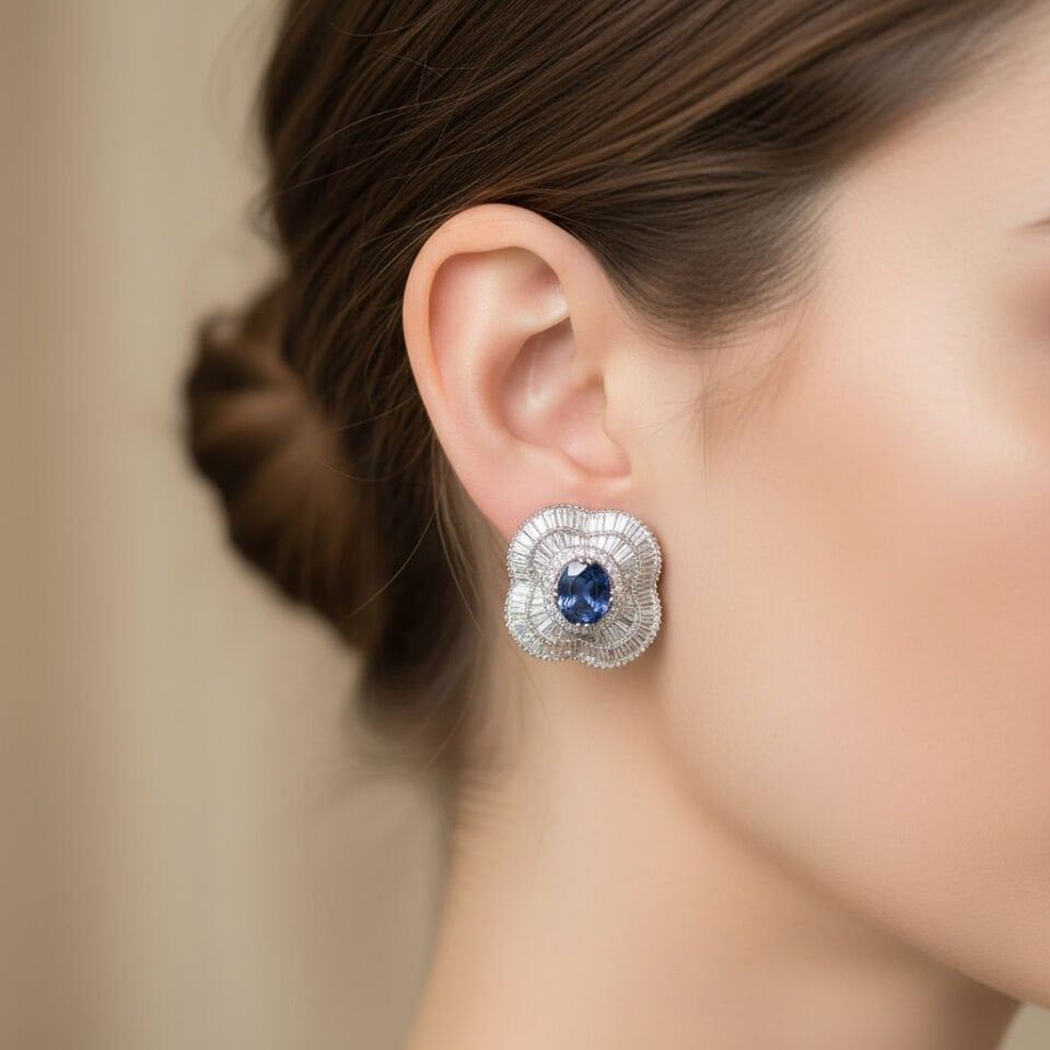 Oval Kesim Safir ve Sıralı Baget Pırlanta Taşlı Statement Küpe   -   PK0001281