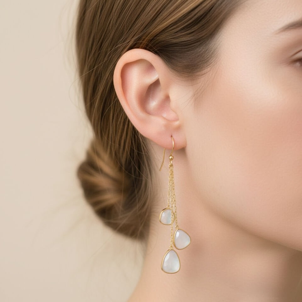 Sallantılı Damla Kesim Sedef Taşlı Altın Küpe   -   PK0001287