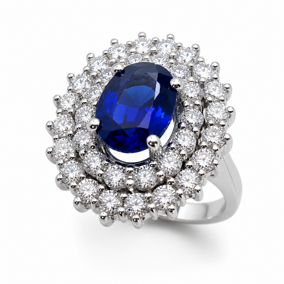 Oval Kesim Safir ve Çift Sıra Pırlantalı Altın Halo Yüzük   -   PY0000359