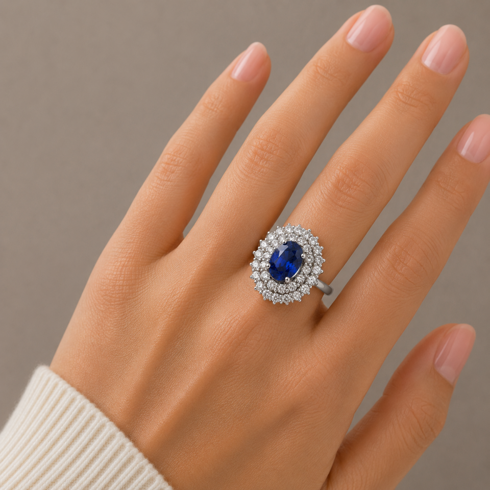 Oval Kesim Safir ve Çift Sıra Pırlantalı Altın Halo Yüzük   -   PY0000359