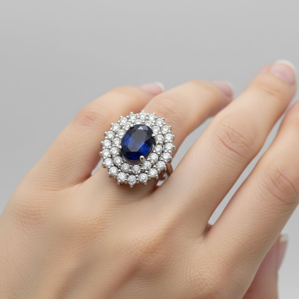 Oval Kesim Safir ve Çift Sıra Pırlantalı Altın Halo Yüzük   -   PY0000359