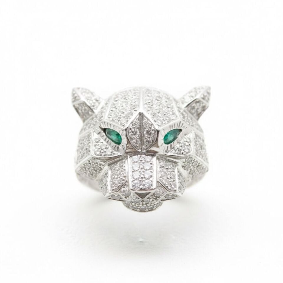 Zümrüt Gözlü Pırlanta Taşlı Altın Kaplan Yüzük   -   PY0000727