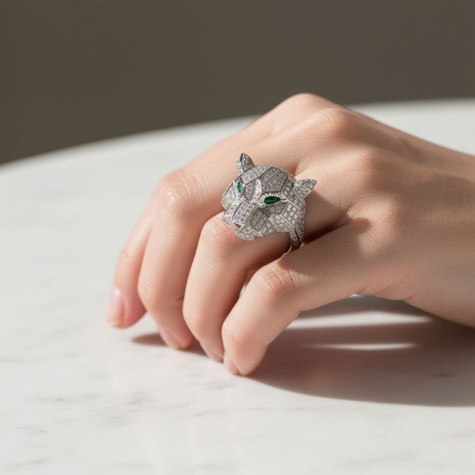 Zümrüt Gözlü Pırlanta Taşlı Altın Kaplan Yüzük   -   PY0000727