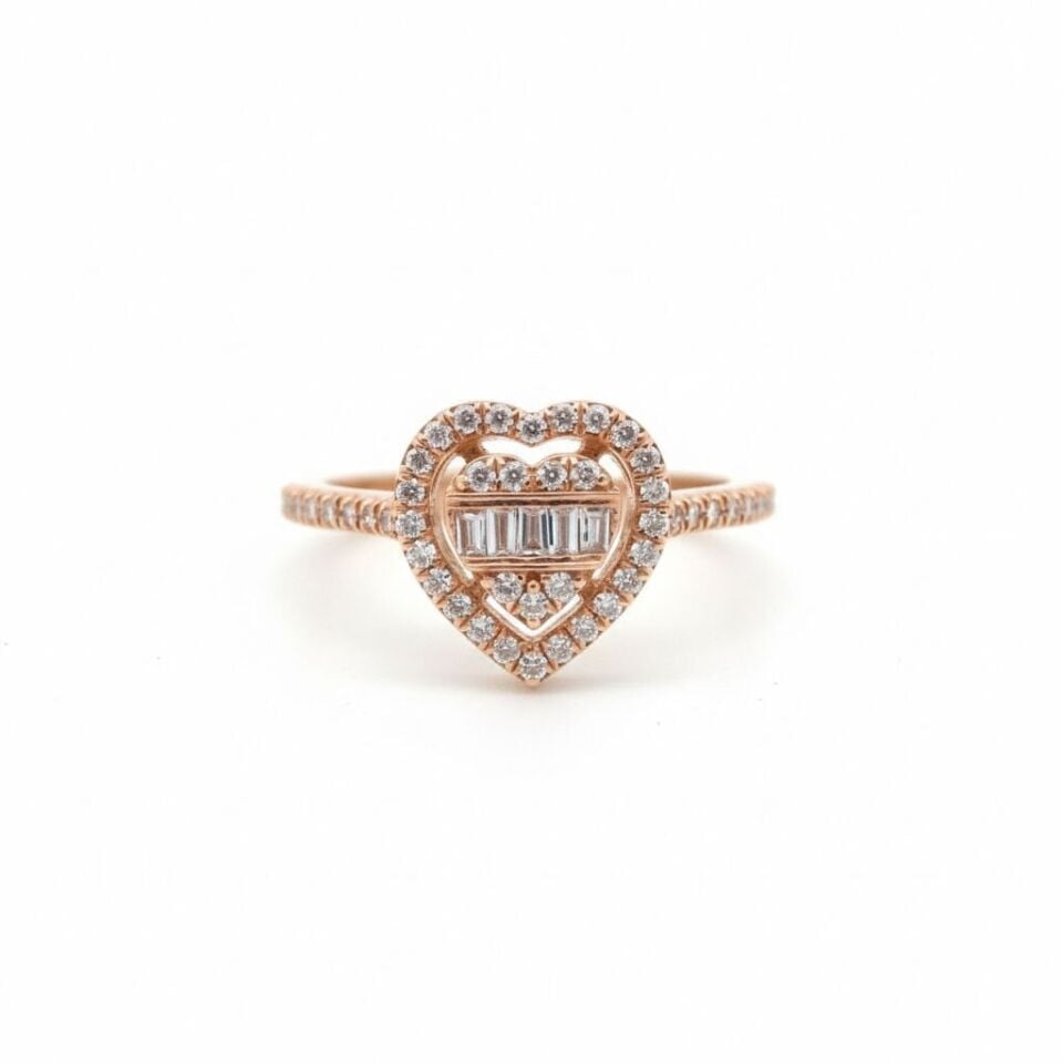 Baget ve Yuvarlak Kesim Pırlantalı Altın Kalp Yüzük  -   PY0000890