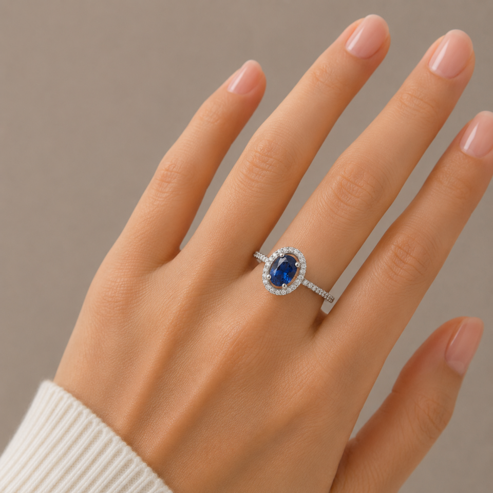 Oval Kesim Safir ve Pırlanta Taşlı Altın Halo Yüzük   -   PY0000902