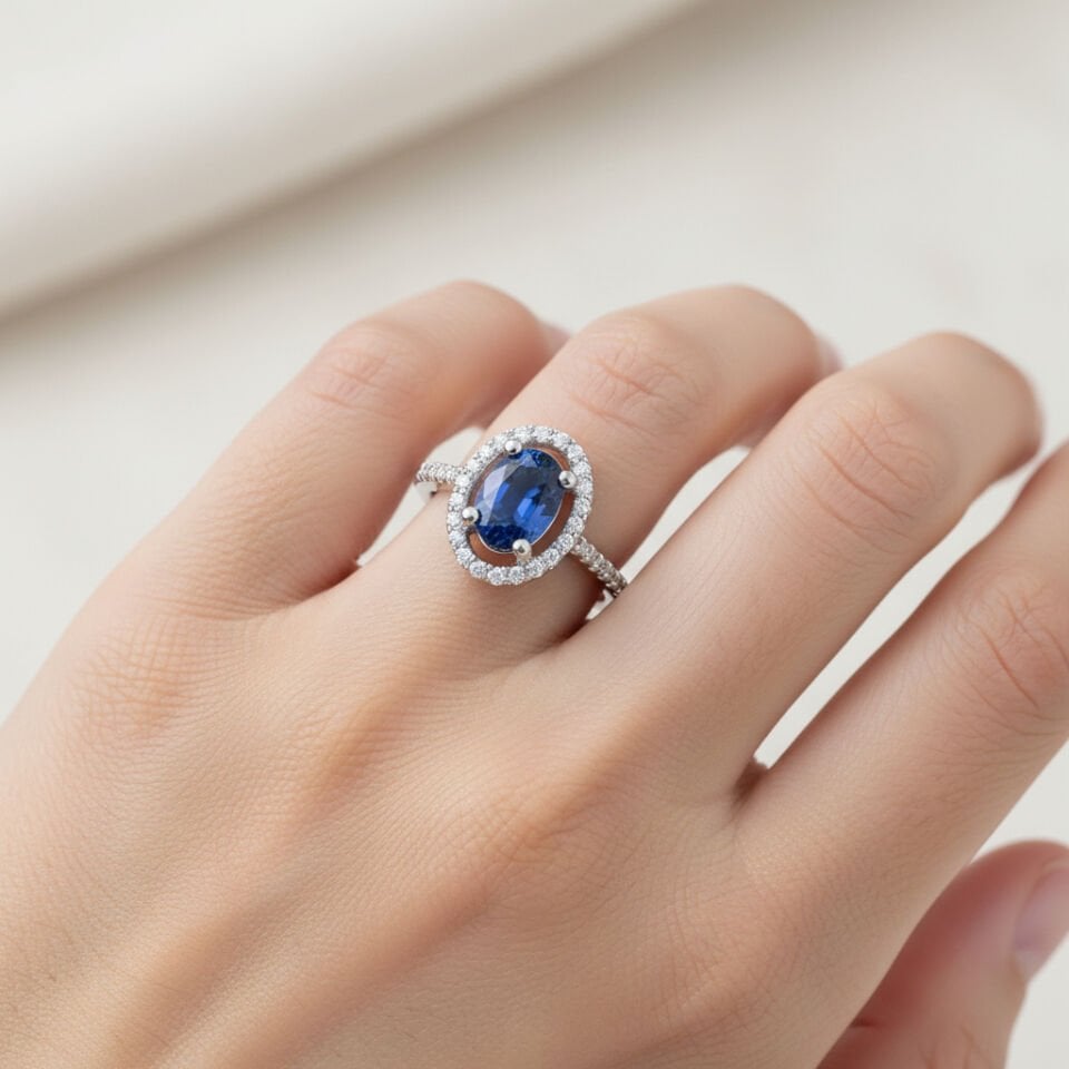 Oval Kesim Safir ve Pırlanta Taşlı Altın Halo Yüzük   -   PY0000902