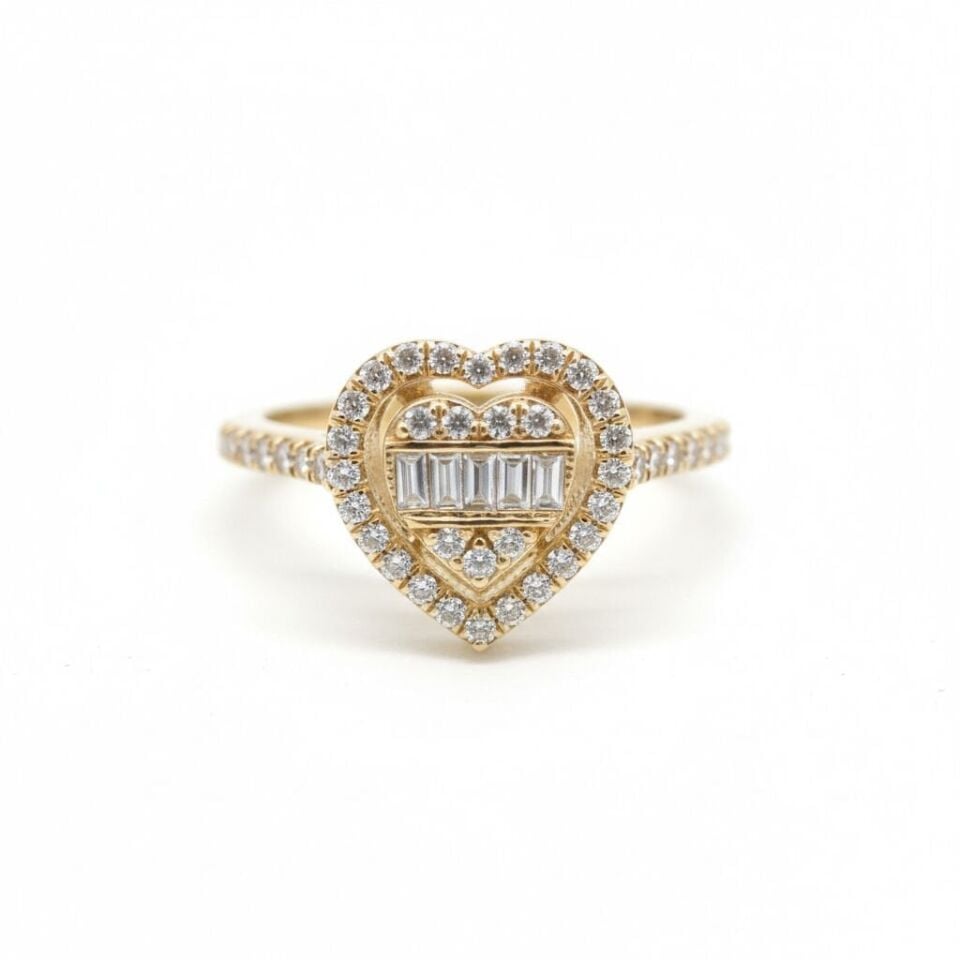 Baget ve Yuvarlak Kesim Pırlantalı Altın Kalp Yüzük   -   PY0000912