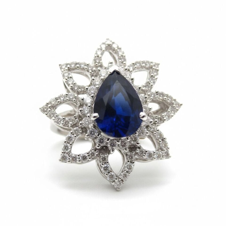 Damla Kesim Safir ve Pırlanta Taşlı Altın Çiçek Yüzük   -   PY0000947