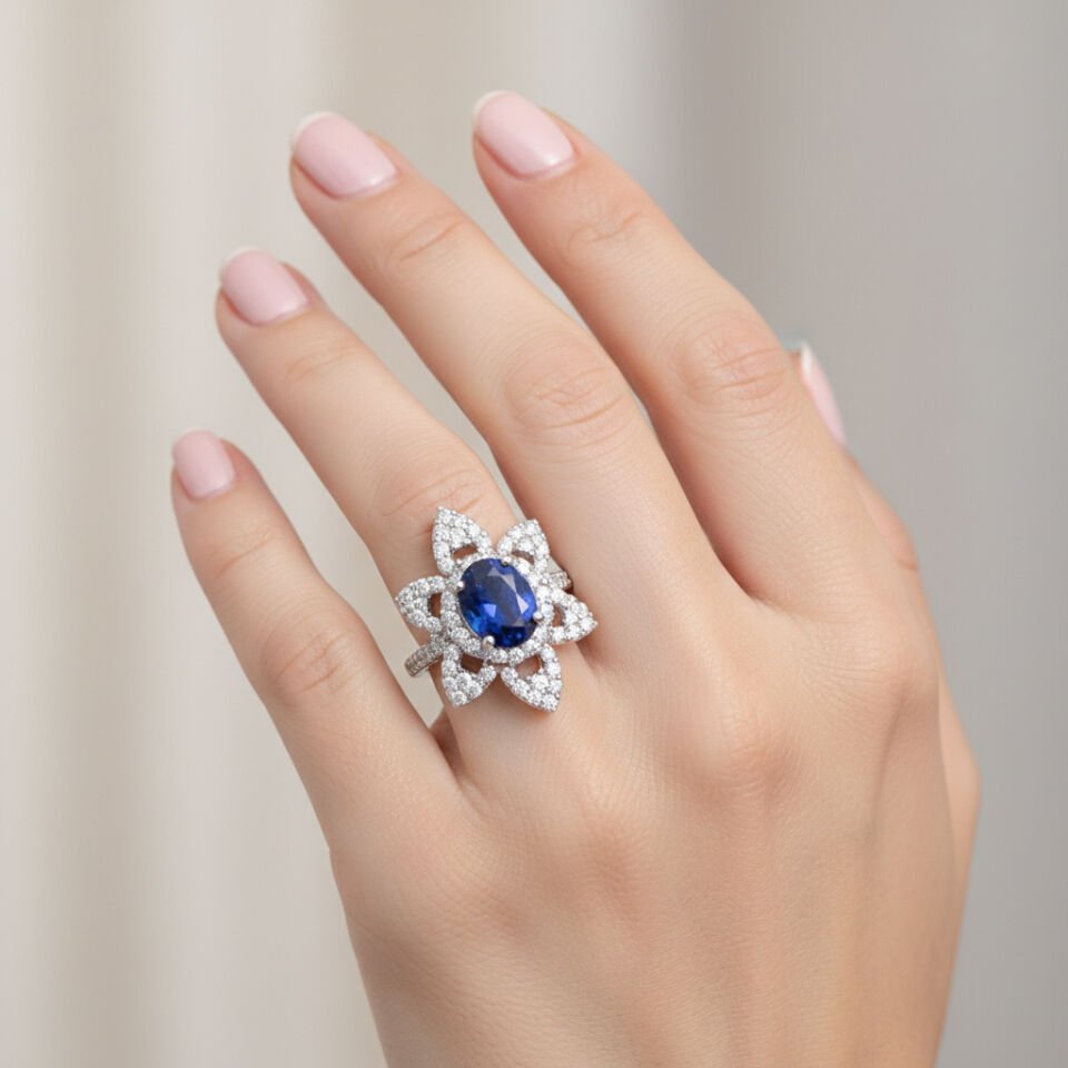 Damla Kesim Safir ve Pırlanta Taşlı Altın Çiçek Yüzük   -   PY0000947