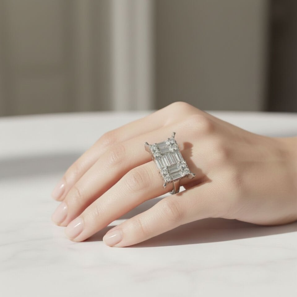 Baget ve Yuvarlak Kesim Pırlantalı Altın Statement Yüzük   -   PY0001091