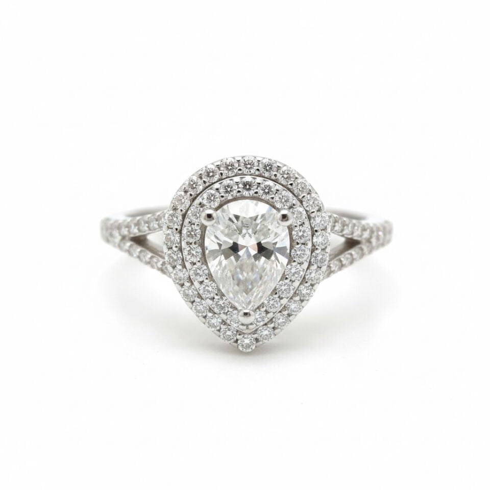 Pırlanta Tiffany Ekolü Double Halo Damla Kesim Yüzük   -   PY0002389