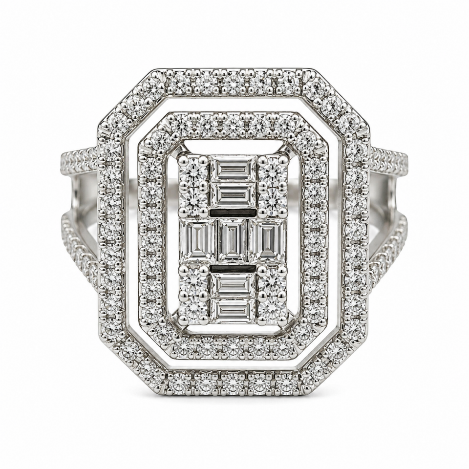 Emerald ve Baget Pırlanta Modern Sekizgen Yüzük   -   PY0002713