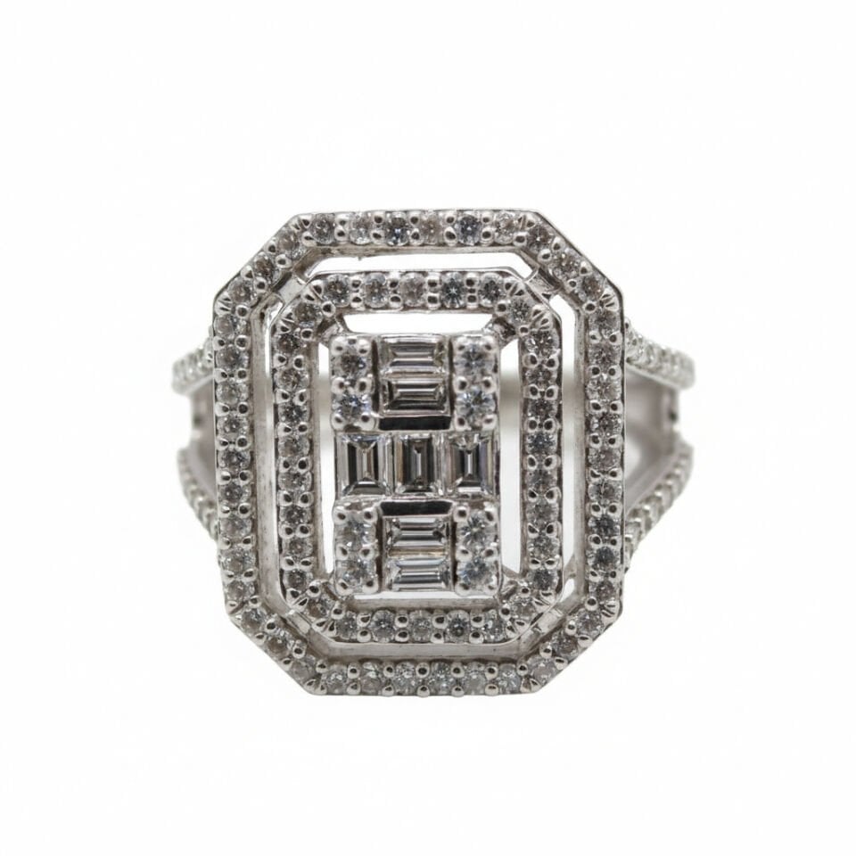 Art Deco Koleksiyonu: Emerald ve Baget Pırlanta Modern Sekizgen Yüzük   -   PY0002713