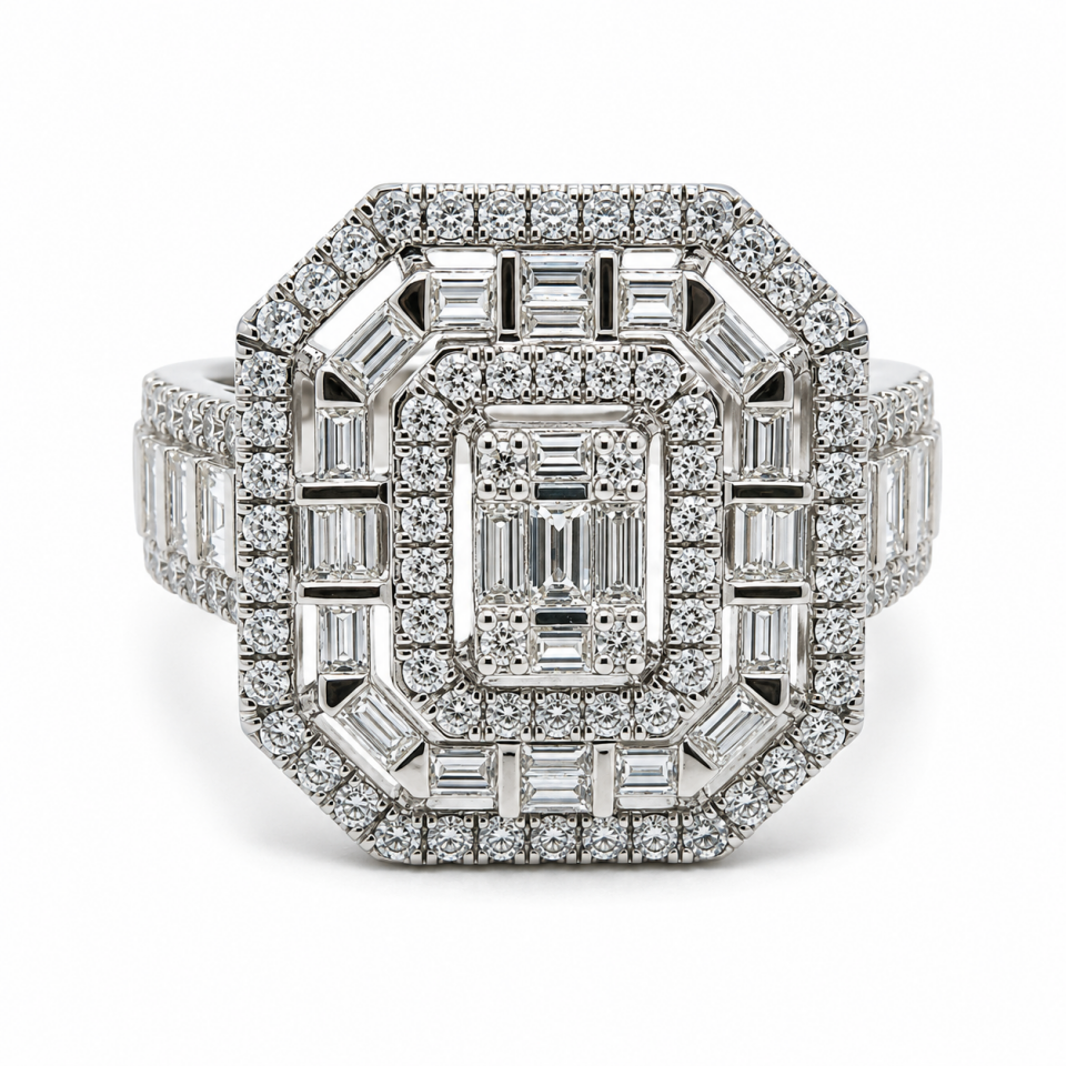Emerald ve Baget Pırlanta Modern Sekizgen Yüzük   -   PY0002714