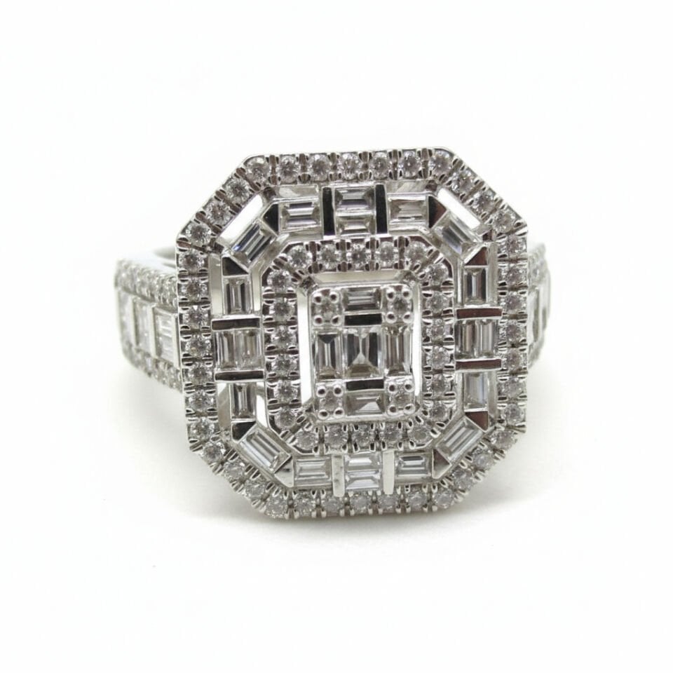 Art Deco Koleksiyonu: Emerald ve Baget Pırlanta Modern Sekizgen Yüzük   -   PY0002714