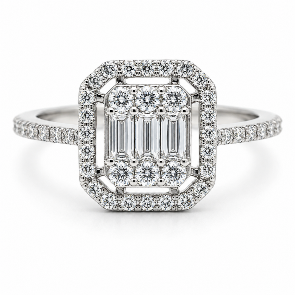 Emerald ve Baget Pırlanta Çerçeveli Modern Tasarım Yüzük.   -   PY0002718