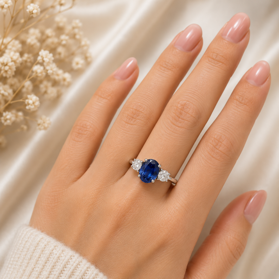 Oval Kesim Safir ve İki Yanı Pırlanta Taşlı Üçtaş Yüzük   -   PY0002723
