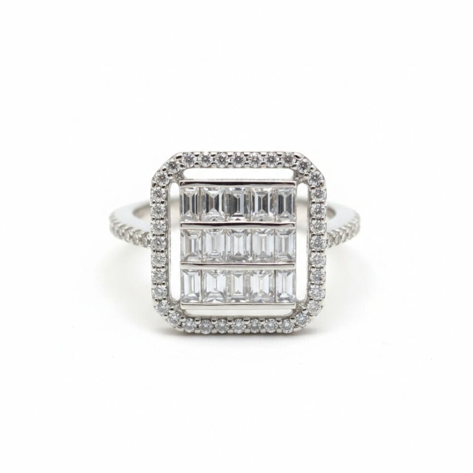 Art Deco Koleksiyonu: Geometrik Baget ve Yuvarlak Pırlanta Dizimli Beyaz Altın Modern Yüzük   -   PY0002725