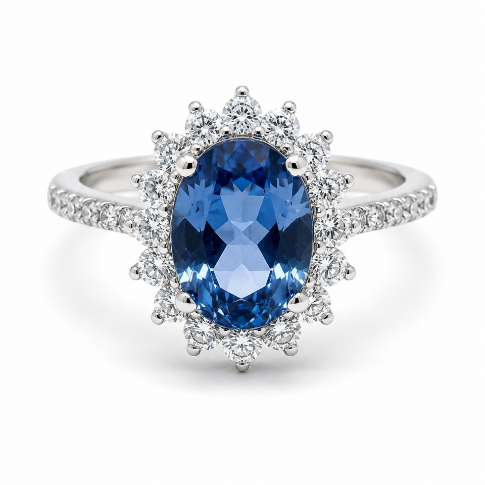 Oval Safir Taşlı Pırlanta Halo Nişan Yüzüğü   -   PY0002727