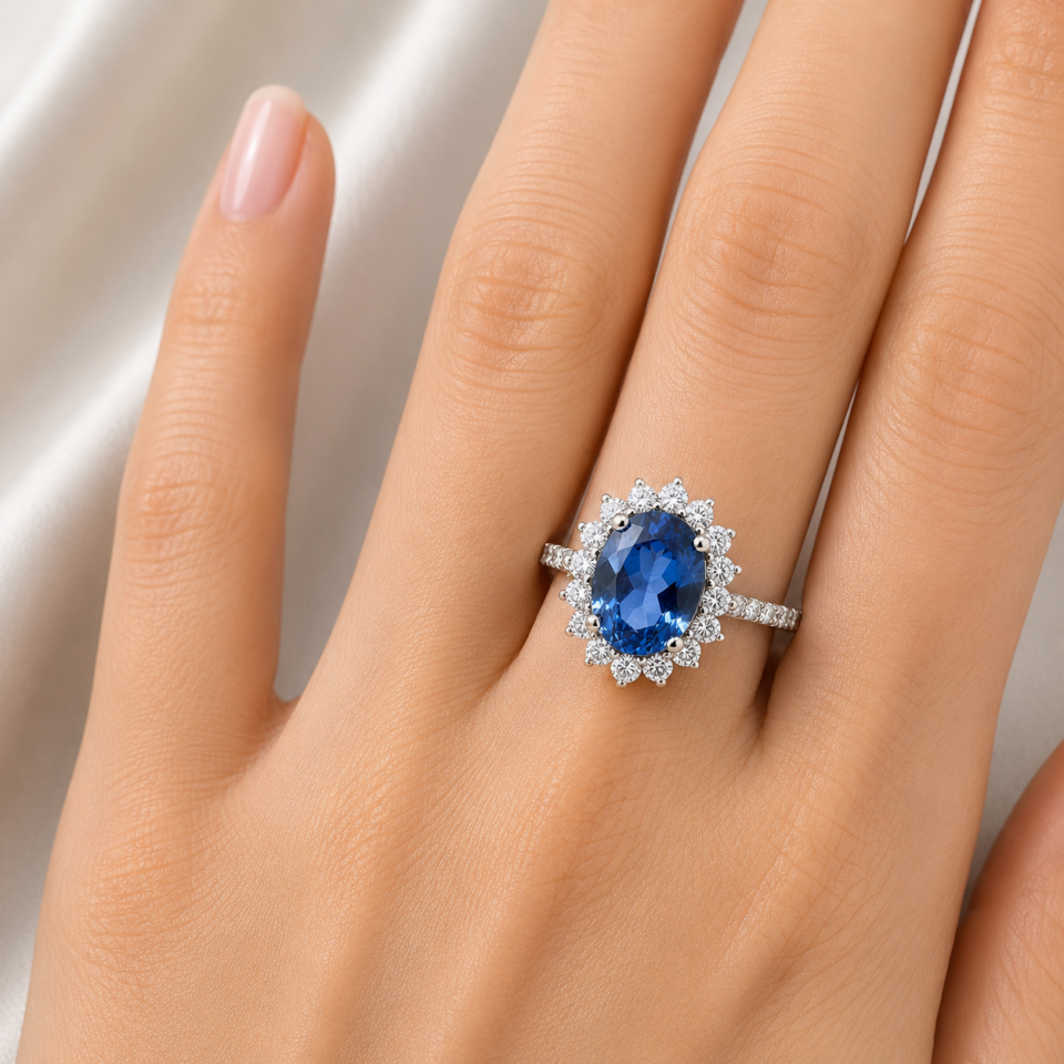 Oval Safir Taşlı Pırlanta Halo Nişan Yüzüğü   -   PY0002727