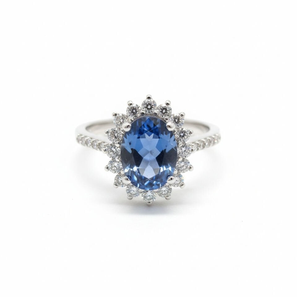 Beyaz Altın Oval Safir Taşlı Pırlanta Halo Nişan Yüzüğü   -   PY0002727