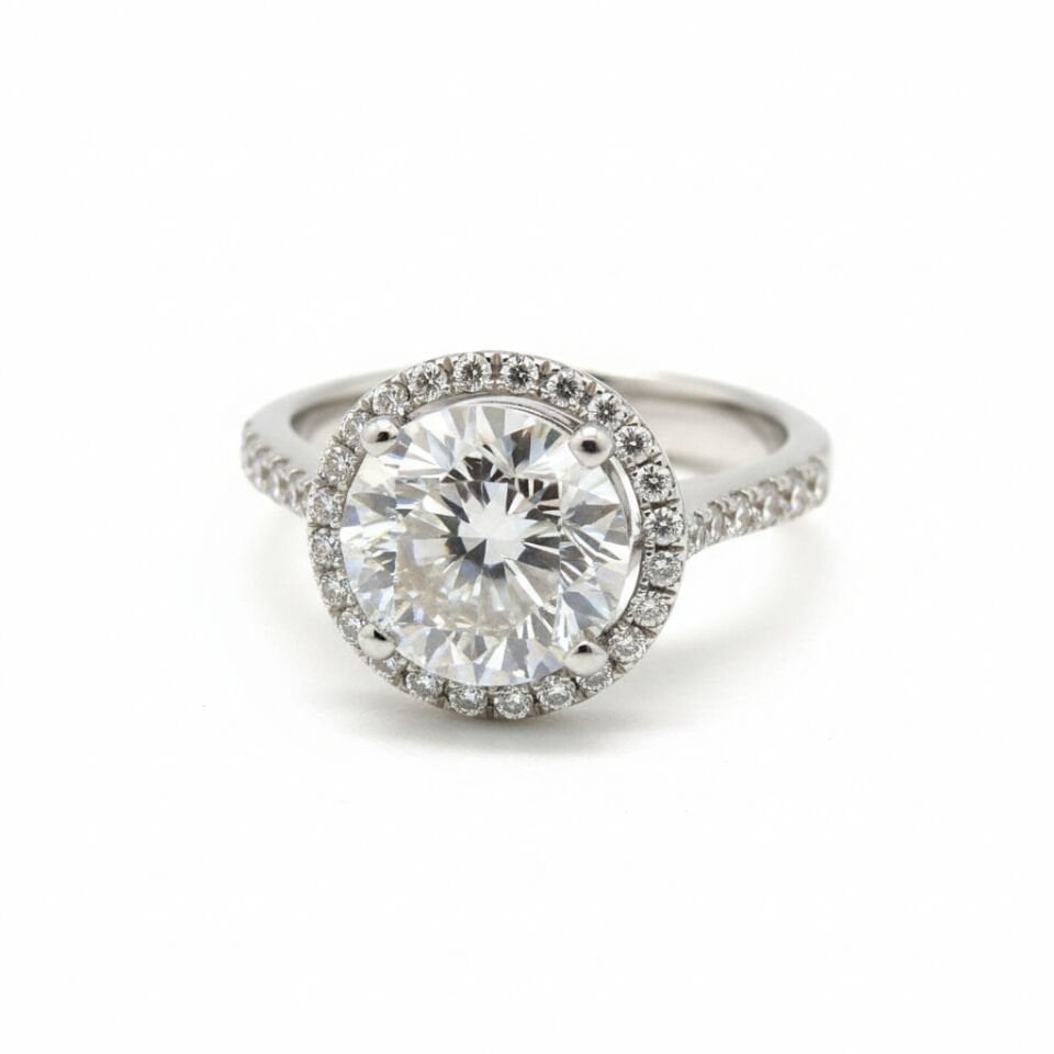 Pırlanta Yuvarlak Kesim Halo Montür Beyaz Altın Evlilik Teklifi Yüzüğü   -   PY0002749