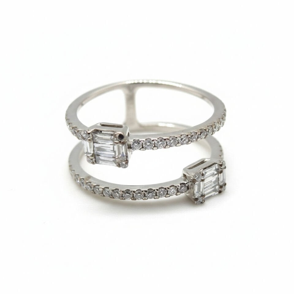 İkili Paralel Tasarım Baget ve Yuvarlak Pırlanta Taşlı Geometrik Açık Yüzük  -   PY0002766