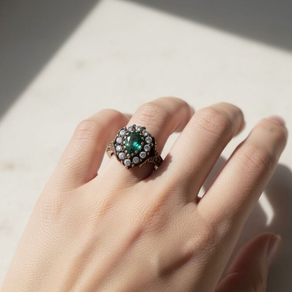 Damla Kesim Zümrüt ve Pırlanta Taşlı Tasarım Otantik Yüzük   -   PY0002777