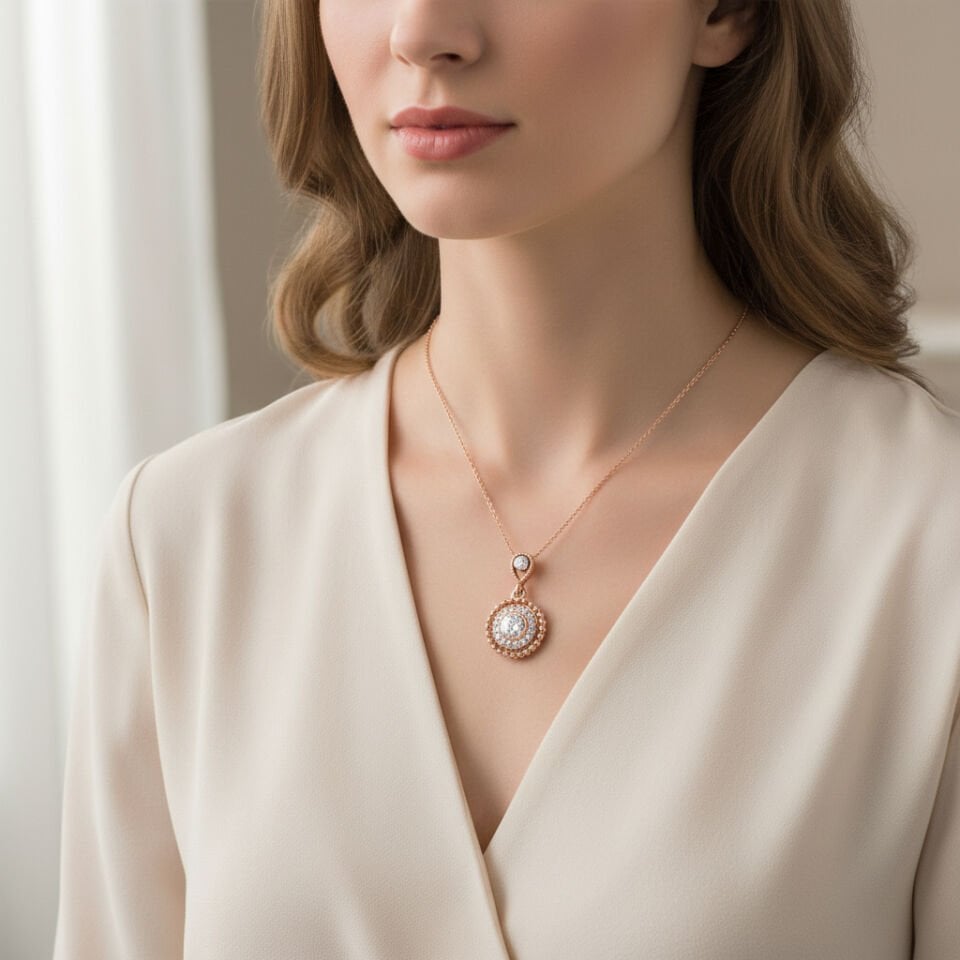 Vintage Stil Pırlanta Taşlı Rose  Madalyon Kolye  -   PG0000701