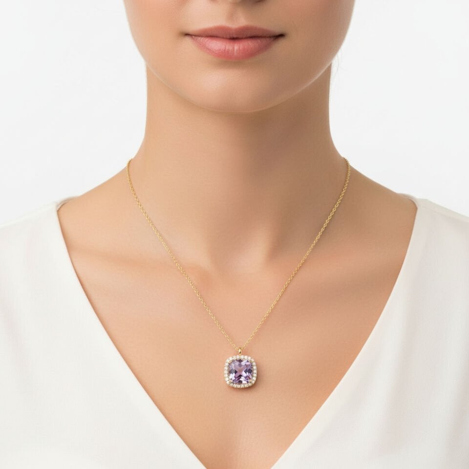 Kuşon Kesim Ametist ve Pırlanta Taşlı Halo Kolye   -   PG0000785