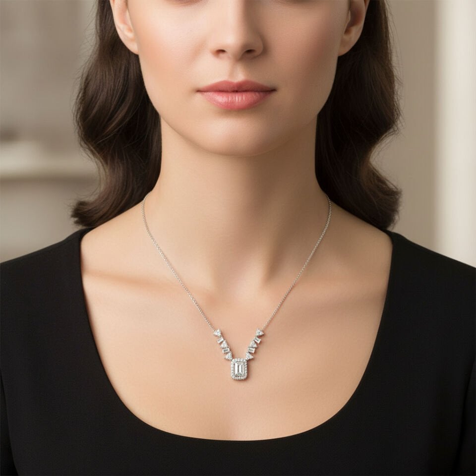 Modern Baget ve Yuvarlak Kesim Pırlanta V-Kolye   -   PG0000887