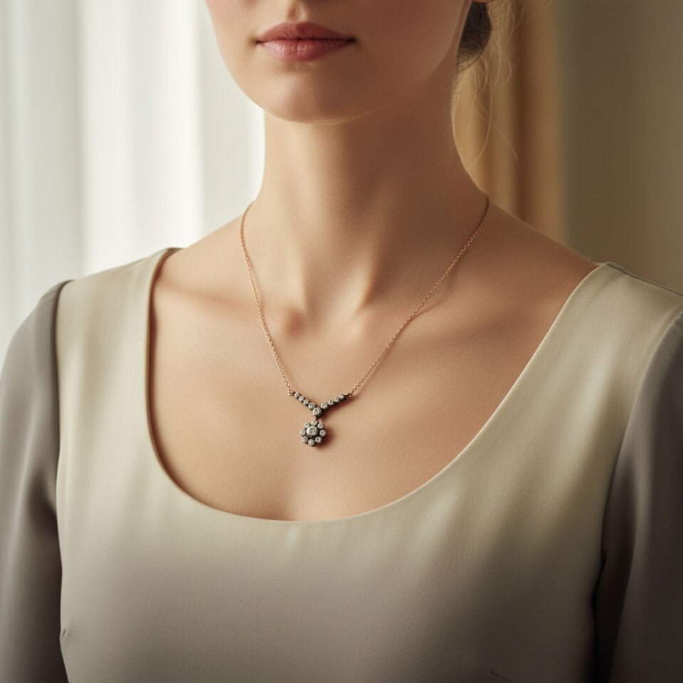 Sıralı Yuvarlak Kesim Pırlantalı Elmas Montür V-Kolye   -   PG0001049