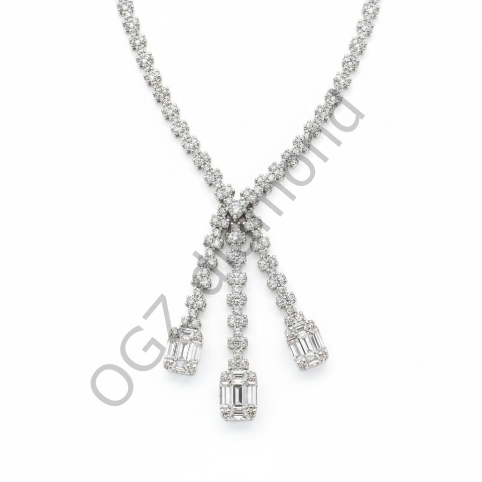 Pırlanta Cartier Ekolü Üçlü Sallantılı Emerald Kesim Riviera Suyolu Gerdanlık Kolye  -   PG0001072