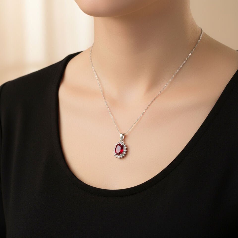 Oval Kesim Yakut ve Pırlanta Halo Kolye   -   PG0001120