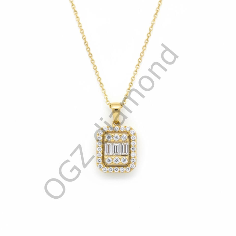 Pırlanta Halo Tasarım Baget ve Yuvarlak Kesim Göz Alıcı Kolye   -   PG0001125