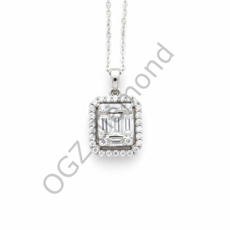 Pırlanta Halo Tasarım Baget ve Yuvarlak Kesim Kolye   -   PG0001325