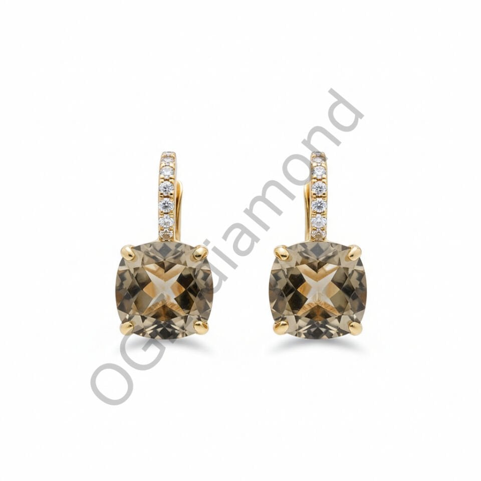 Kare Kesim Dumanlı Kuvars ve Pırlanta Dizili Altın Küpe   -   PK0000943